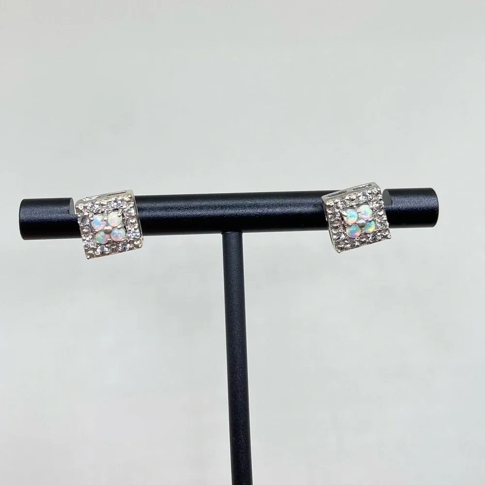 Silver Pave Opal Square Post Earrings